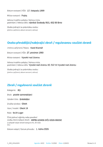 Druhá strana formuláře pro nabytí zbraně podléhající registraci