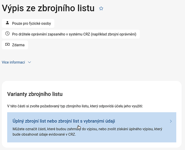 Úplný zbrojní list nebo zbrojní list s vybranými údaji