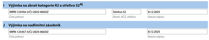Výpis ze zbrojního listu: výjimka na střelivo S2 a nadlimitní zásobník