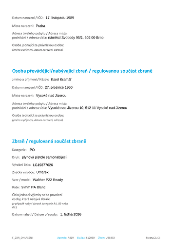 Druhá strana formuláře pro nabytí zbraně podléhající ohlášení