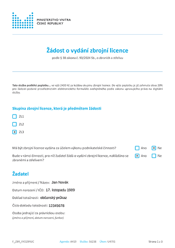 První strana žádosti o zbrojní licenci ZL3