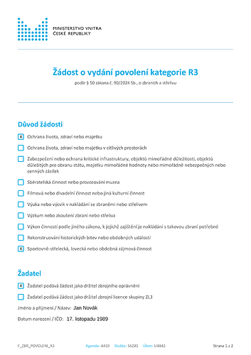První strana žádosti o povolení