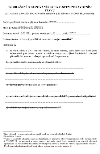 První strana prohlášení posuzované osoby