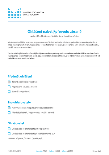 První strana formuláře pro nabytí zbraně podléhající ohlášení