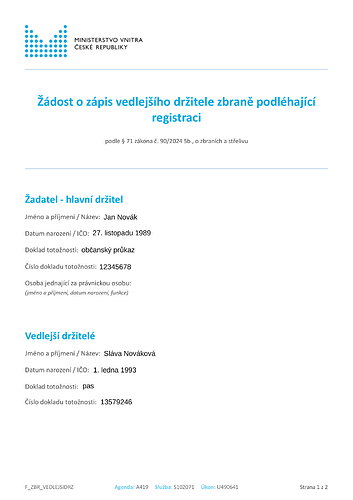 První strana žádosti o zápis vedlejšího držitele